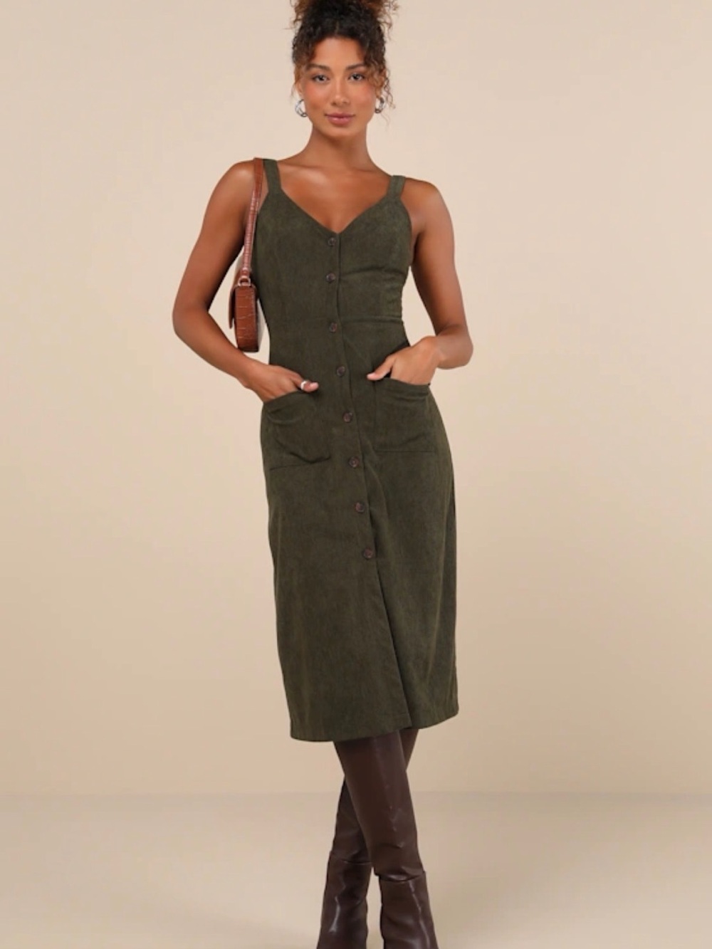 Lulu’s Certainly the Sweetest Olive Corduroy
Button-Front Midi Dress